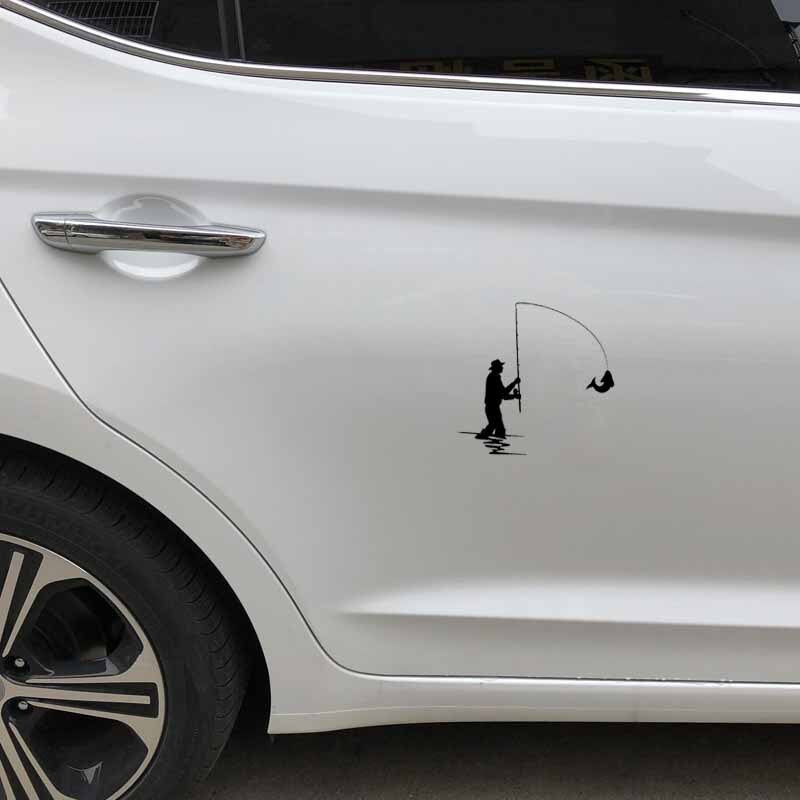 15.5CM*15.5CM Vinyl Decal Fishing Rod Fisherman Silhouette Fish Car Stickers Black/Silver C24-0822