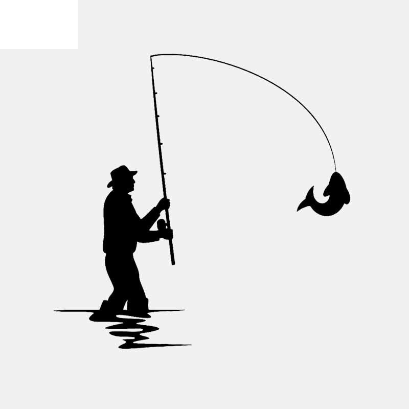 15.5CM*15.5CM Vinyl Decal Fishing Rod Fisherman Silhouette Fish Car Stickers Black/Silver C24-0822