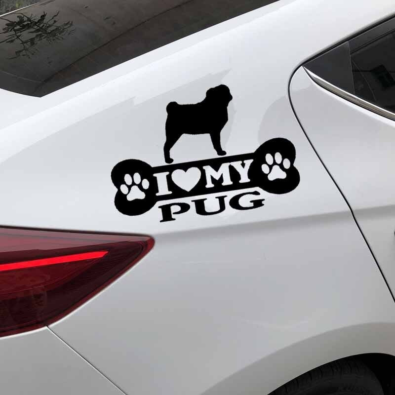 14.9X10.2CM I Love My Pug Bone Car Sticker Pug Dog Vinyl Decal Art Decor Black/Silver C24-1525