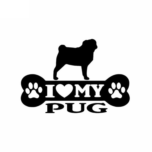 14.9X10.2CM I Love My Pug Bone Car Sticker Pug Dog Vinyl Decal Art Decor Black/Silver C24-1525