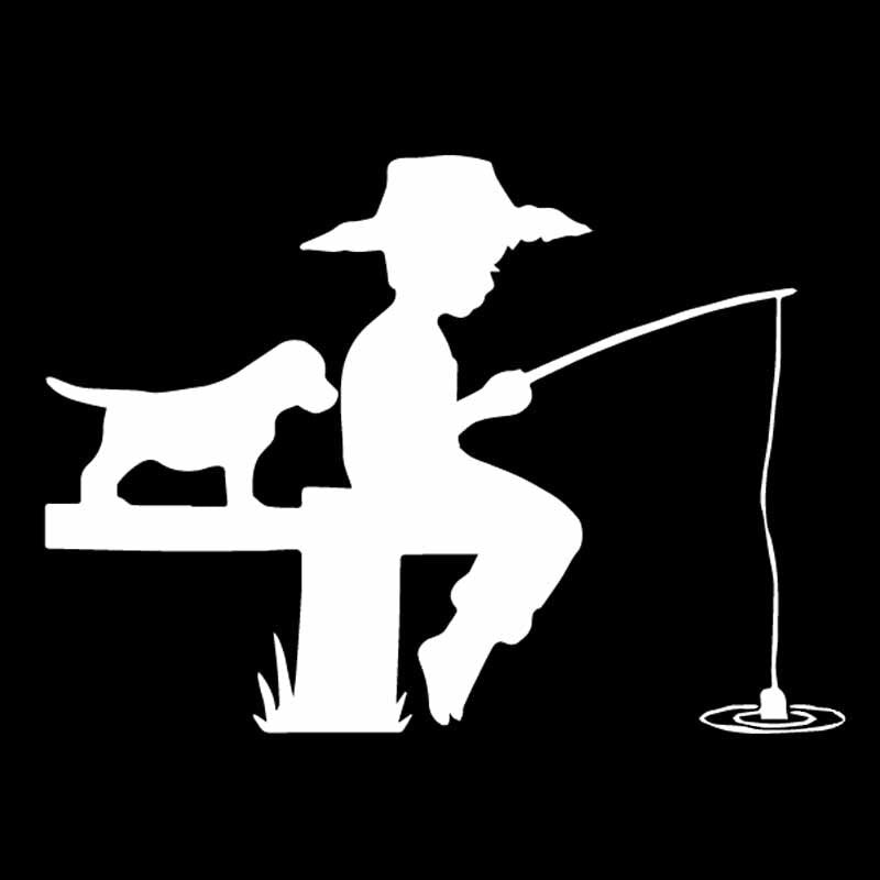 15CM*10.8CM Vinyl Decal Little Boy Puppy Fishing Fish Decor Car Sticker Black/Silver C24-0604