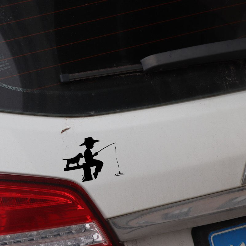 15CM*10.8CM Vinyl Decal Little Boy Puppy Fishing Fish Decor Car Sticker Black/Silver C24-0604
