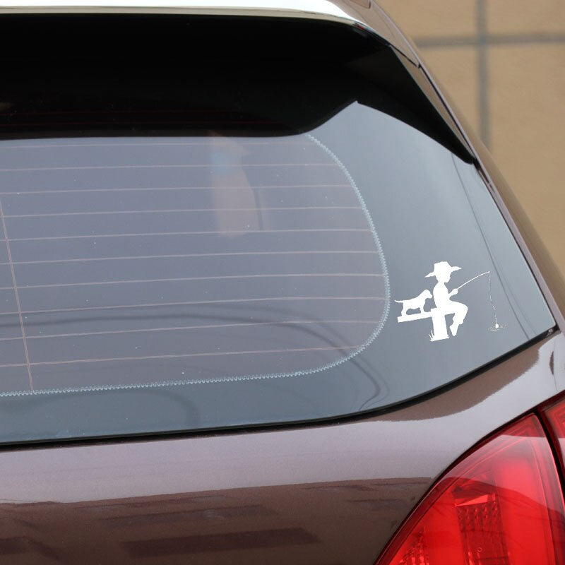 15CM*10.8CM Vinyl Decal Little Boy Puppy Fishing Fish Decor Car Sticker Black/Silver C24-0604