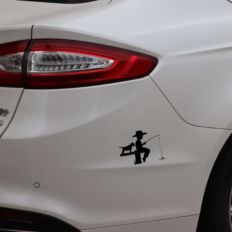 15CM*10.8CM Vinyl Decal Little Boy Puppy Fishing Fish Decor Car Sticker Black/Silver C24-0604