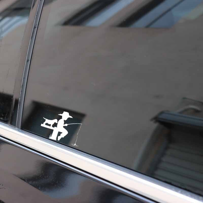 15CM*10.8CM Vinyl Decal Little Boy Puppy Fishing Fish Decor Car Sticker Black/Silver C24-0604