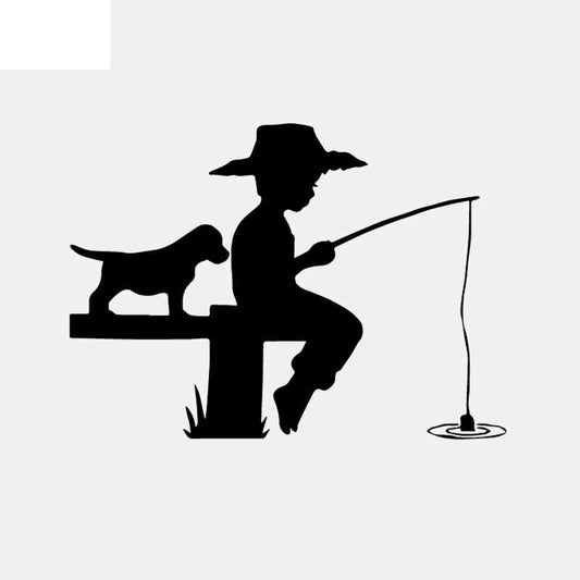 15CM*10.8CM Vinyl Decal Little Boy Puppy Fishing Fish Decor Car Sticker Black/Silver C24-0604