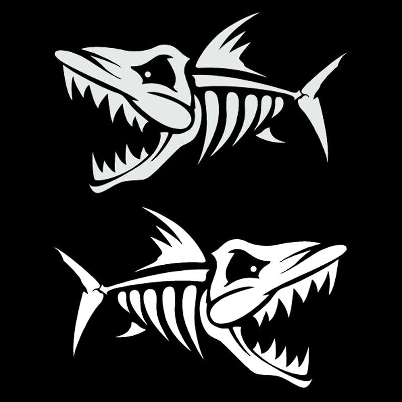 12.5CM*7.7CM*2  Skeleton Fish Bone Car Sticker Fishing Vinyl Decal Art Decor Black/Silver C24-0494