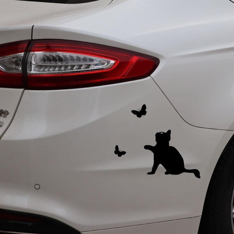 13CM*11.1CM Cat Butterfly Sticker Animals Vinyl Decal Car Stickers Decoration Black/Silver C24-0097