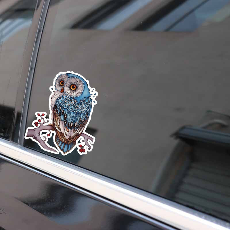 12.4CM*15.6CM Interestingly Hand-painted Blue Owl PVC Car Sticker 11-01326