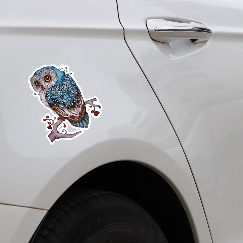 12.4CM*15.6CM Interestingly Hand-painted Blue Owl PVC Car Sticker 11-01326