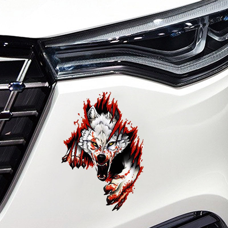 11x16cm 3D Simulation Tearing Wolf Car Sticker, Scratch Blocking, Cartoon Creative Car Garland Sticker, Personalized Car Sticker