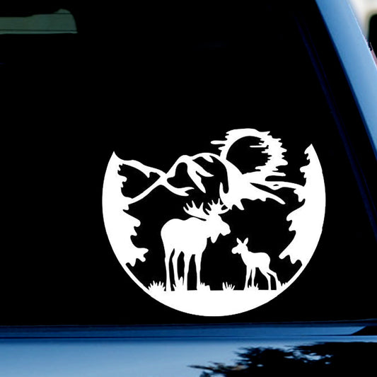 Moose Mountain Landscape Funny Vinyl Decal Sticker for Car, Truck, Window, Bumper White