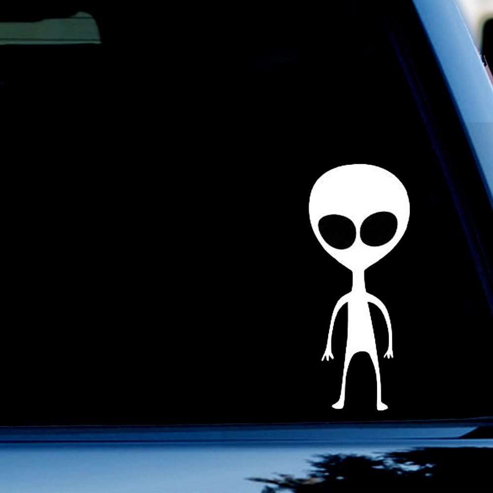 Small Alien Funny Vinyl Decal Sticker for Car, Truck, Window, Bumper White