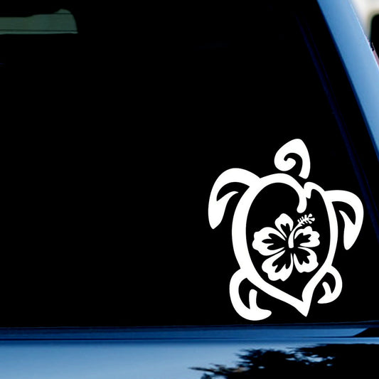 Hibiscus Sea Turtle Ocean Sea Life Decal Sticker for Car, Truck, Window, Bumper White