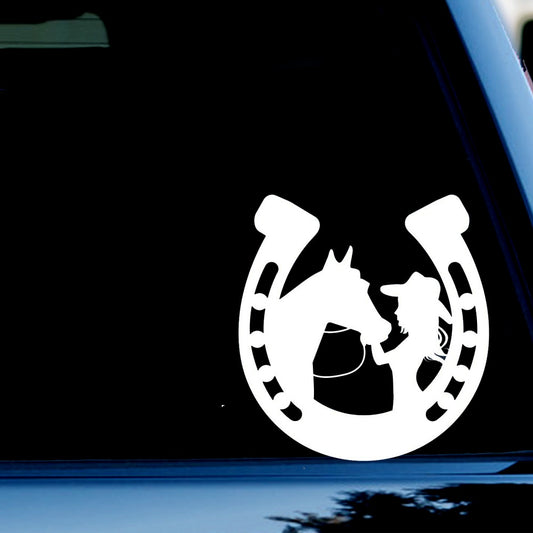 Girl with Horse in Horseshoe Decal Sticker for Car, Truck, Window, Bumper White