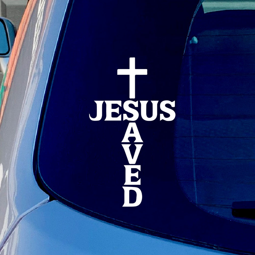 Jesus Saved Cross Vinyl Sticker Decal for Car Truck Window Bumper White