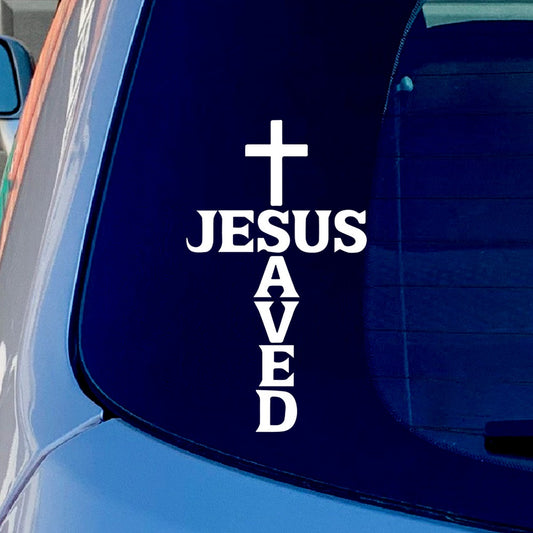 Jesus Saved Cross Vinyl Sticker Decal for Car Truck Window Bumper White