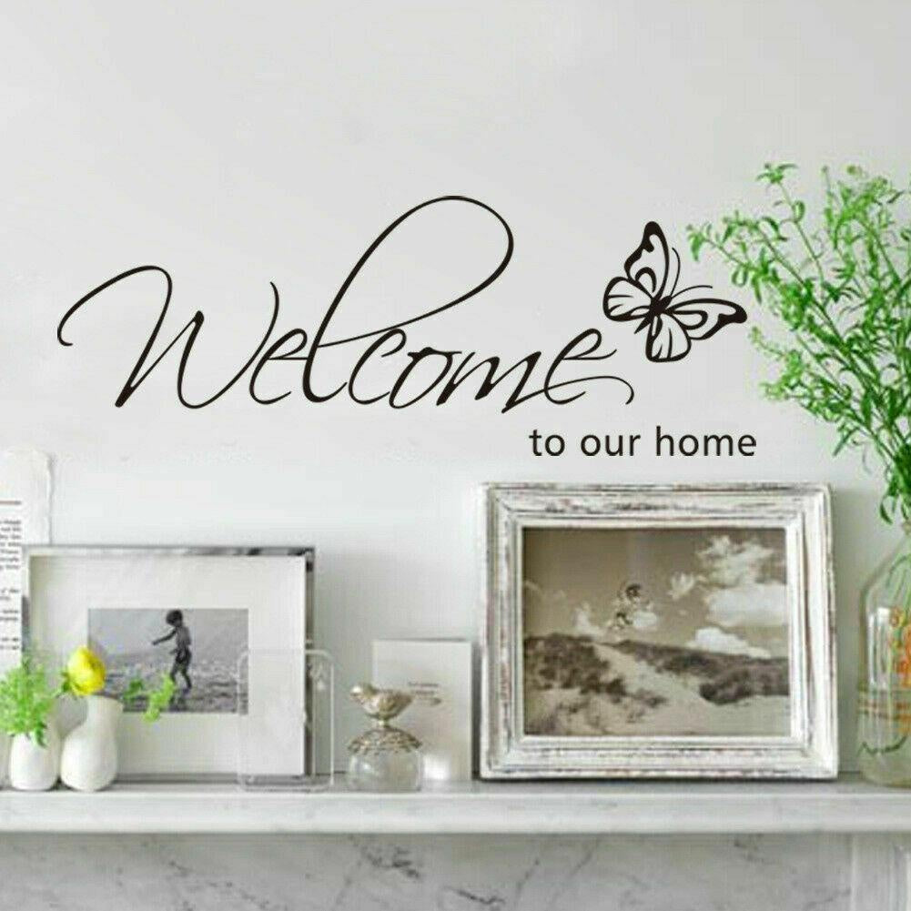 Welcome To Our Home butterfly Wall Sticker Decal for Home Living Room Bedroom Family Wall Art Decor Black