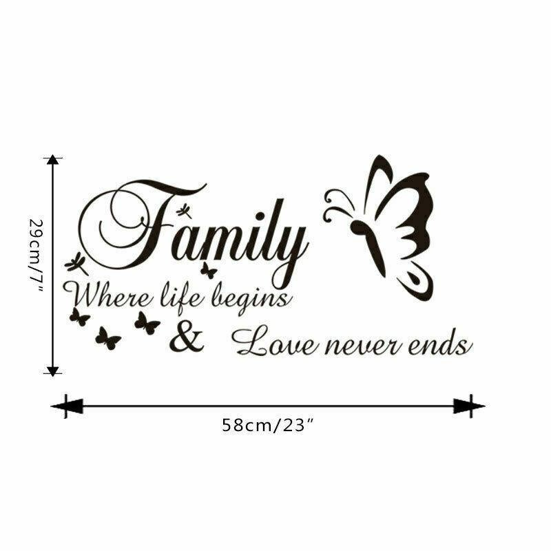 Family where life begins and love never end Wall Sticker Decal for Home Living Room Bedroom Family Wall Art Decor Black