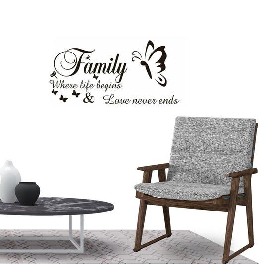 Family where life begins and love never end Wall Sticker Decal for Home Living Room Bedroom Family Wall Art Decor Black