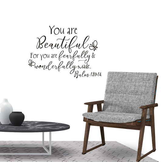 You are Beautiful For you are fearfully and wonderfully made Psalm 139:14 Quote Wall Sticker Decal for Home Living Room Bedroom Family Wall Art Decor Black
