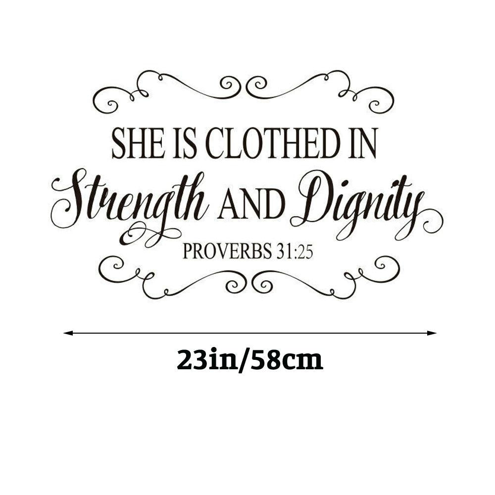 She is clothed in strength and Dignity. Proverbs 31:25 Quote Wall Sticker Decal for Home Living Room Bedroom Family Office Wall Art Decor Black