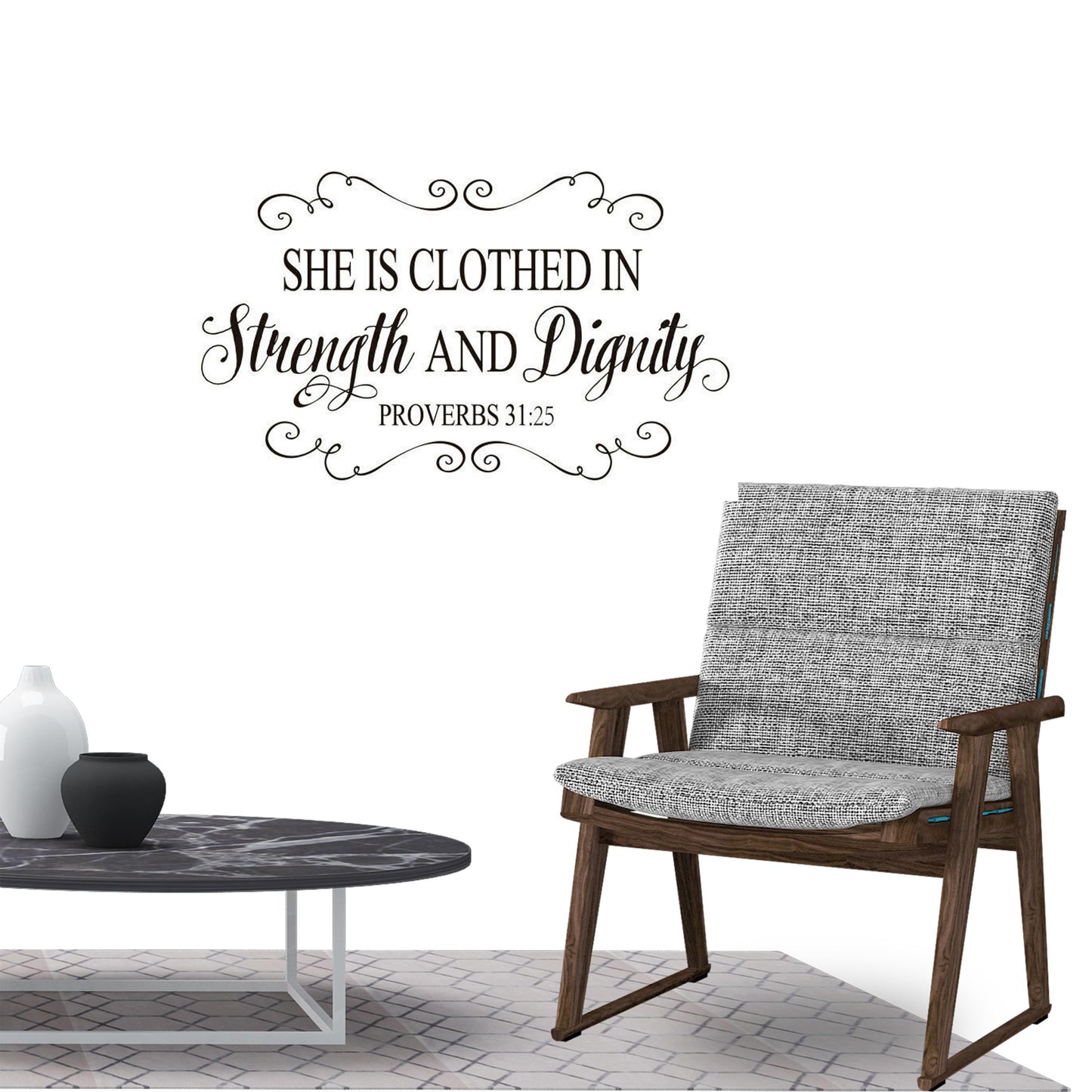 She is clothed in strength and Dignity. Proverbs 31:25 Quote Wall Sticker Decal for Home Living Room Bedroom Family Office Wall Art Decor Black