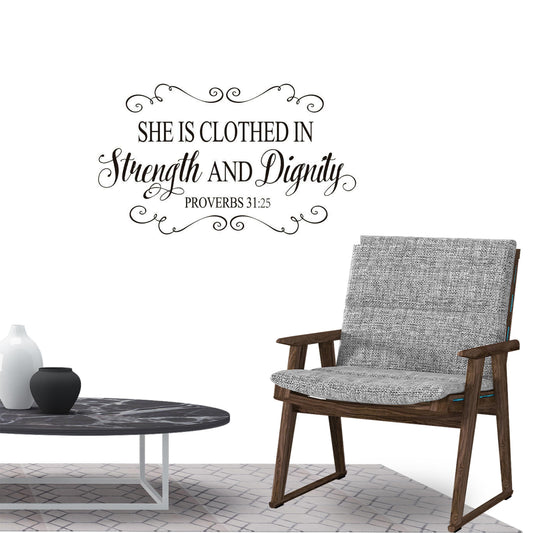 She is clothed in strength and Dignity. Proverbs 31:25 Quote Wall Sticker Decal for Home Living Room Bedroom Family Office Wall Art Decor Black