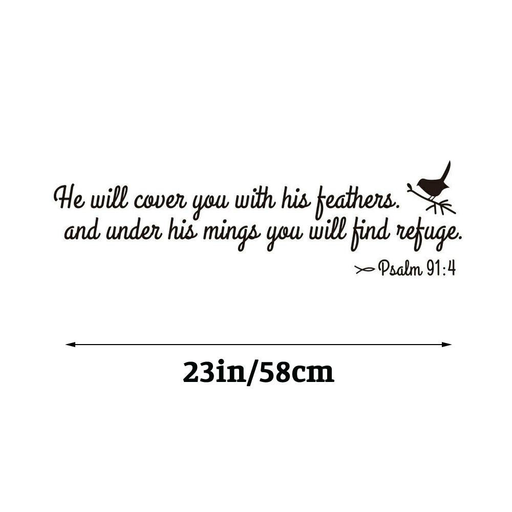 He will cover you with his feather & under his wings you will find refuge PSALM 91:4 Quote Wall Sticker Decal for Home Living Room Bedroom Family Wall Art Decor Black