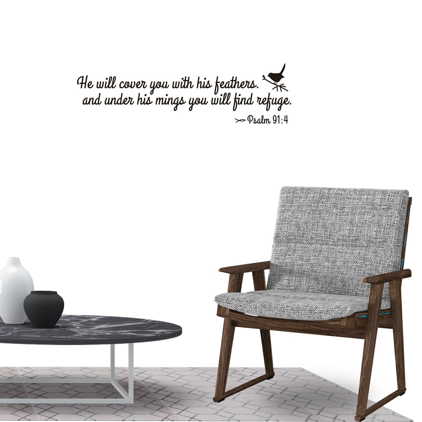 He will cover you with his feather & under his wings you will find refuge PSALM 91:4 Quote Wall Sticker Decal for Home Living Room Bedroom Family Wall Art Decor Black