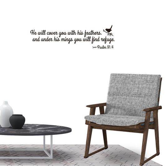 He will cover you with his feather & under his wings you will find refuge PSALM 91:4 Quote Wall Sticker Decal for Home Living Room Bedroom Family Wall Art Decor Black