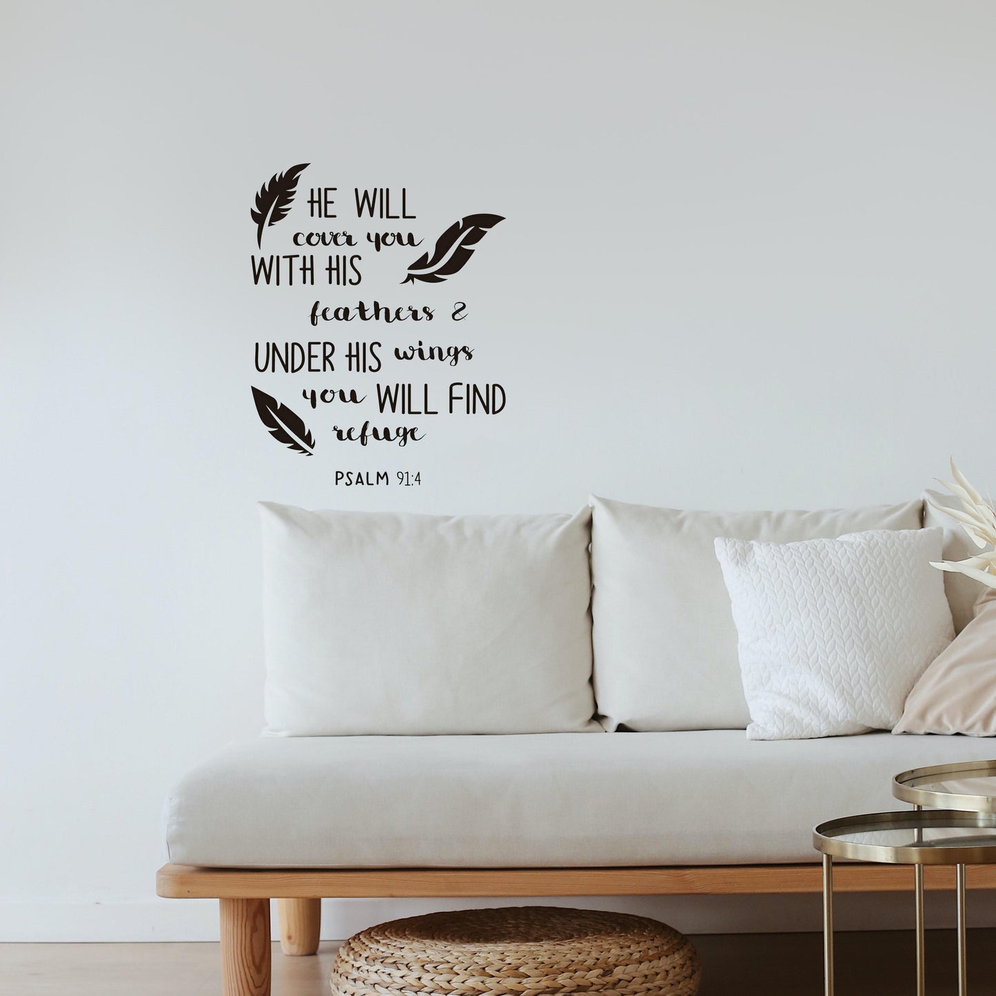 He will cover you with his feather & under his wings you will find refuge PSALM 91:4 Quote Wall Sticker Decal for Home Living Room Bedroom Family Wall Art Decor Black