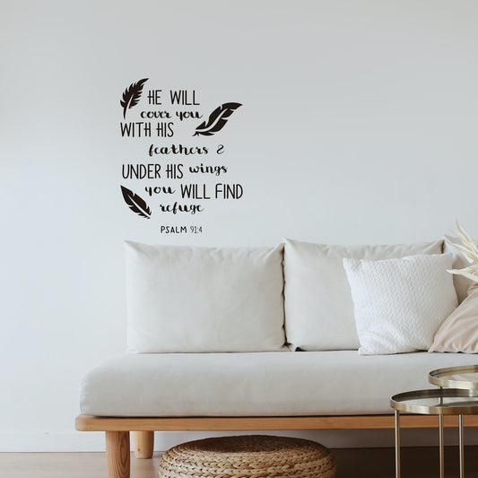 He will cover you with his feather & under his wings you will find refuge PSALM 91:4 Quote Wall Sticker Decal for Home Living Room Bedroom Family Wall Art Decor Black