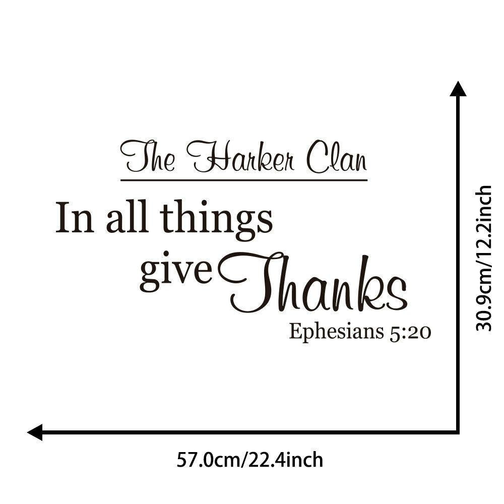 The harken clan in all things give thanks Ephesians 5:20 Quote Wall Sticker Decal for Home Living Room Bedroom Family Wall Art Decor Black