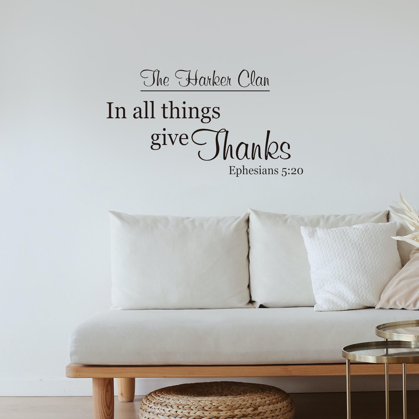The harken clan in all things give thanks Ephesians 5:20 Quote Wall Sticker Decal for Home Living Room Bedroom Family Wall Art Decor Black
