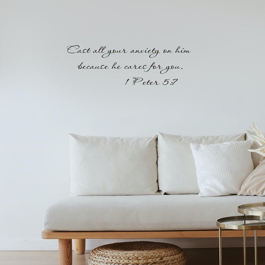 Cast all your anxiety on him because he cares for you 1 Peter 5:7 Quote Wall Sticker Decal for Home Living Room Bedroom Family Wall Art Decor Black