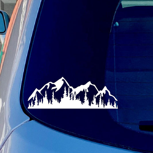 Mountain and trees outdoor camping Diecut Funny Vinyl Sticker Decal for Car Truck Window Bumper White