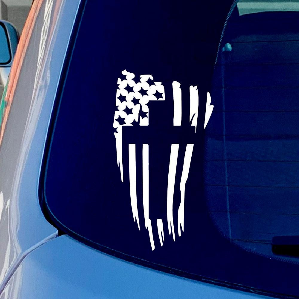 USA Flag Cross Jesus God Funny Vinyl Sticker Decal for Car Truck Window Bumper White