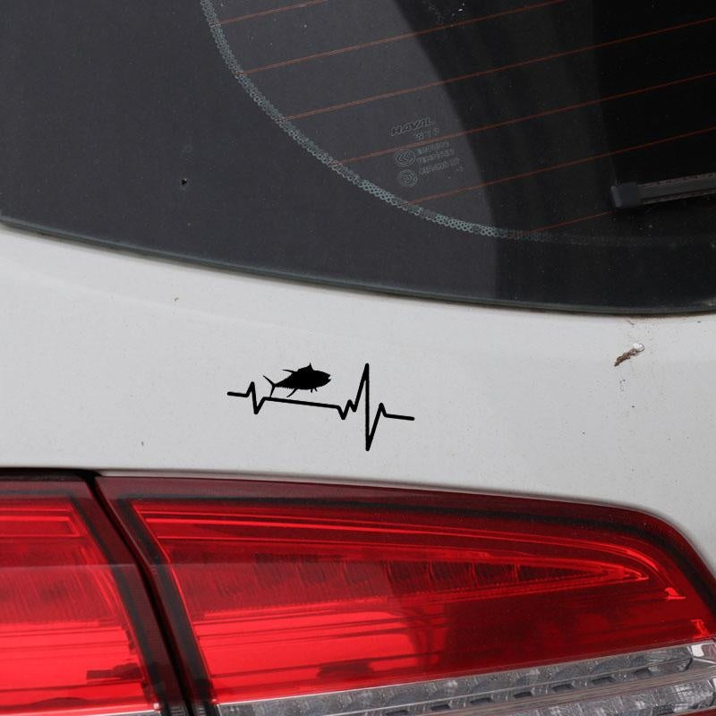 16.8CM*7.8CM Car Sticker Heart Beat Line Animal Fish Fishing Tuna Albacore Blue Fin Vinyl Decal Black/Silver C24-0538