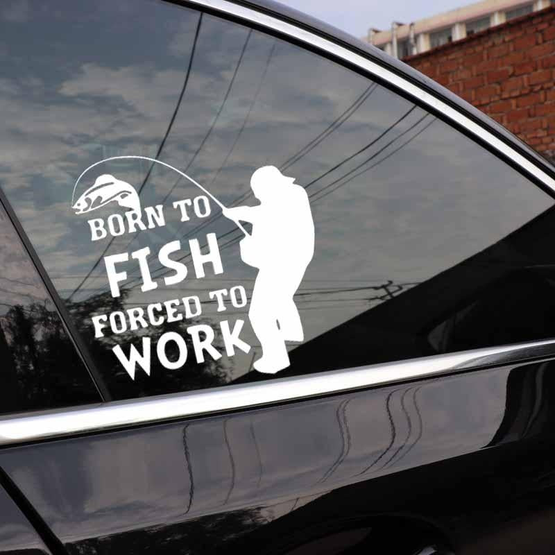 15.5CM*15.5CM Car Sticker Born To Fish Forced To Work Fishing  Art Vinyl Decal Black/Silver C24-0947