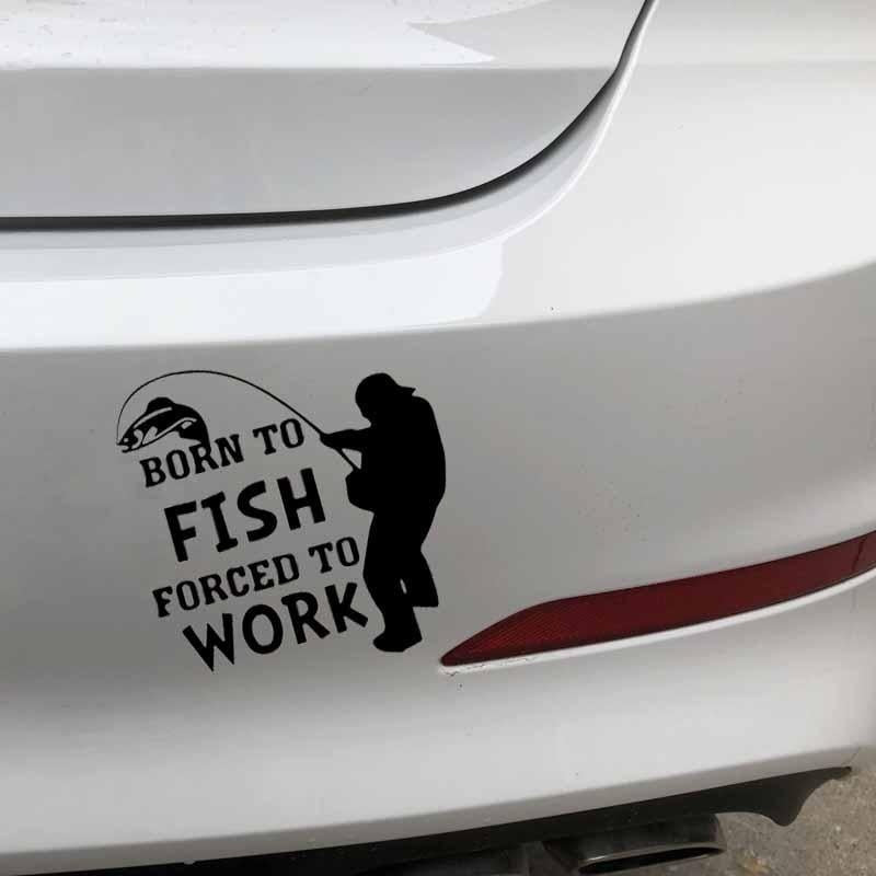 15.5CM*15.5CM Car Sticker Born To Fish Forced To Work Fishing  Art Vinyl Decal Black/Silver C24-0947