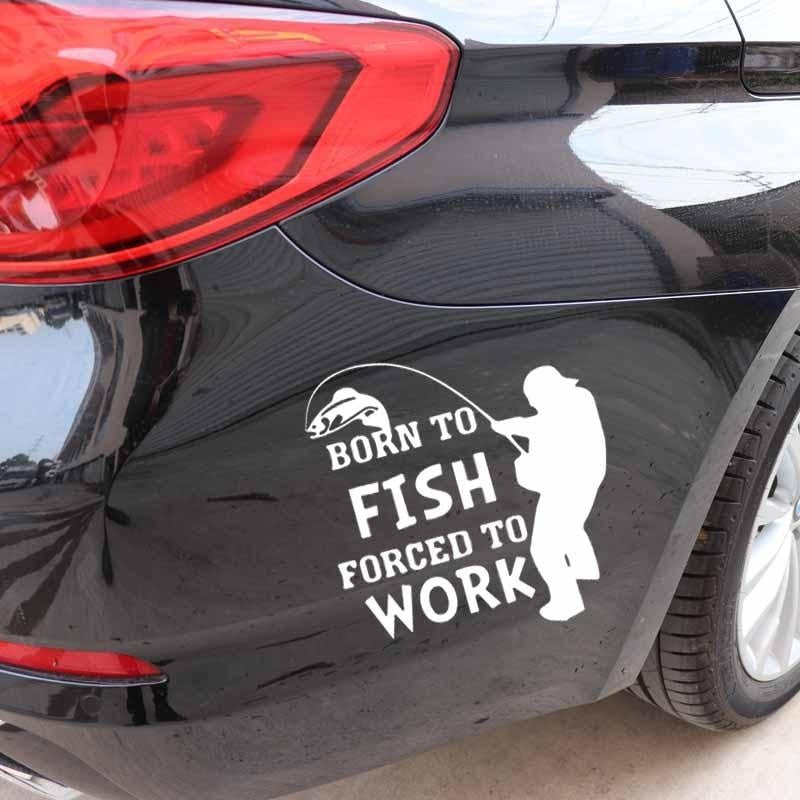 15.5CM*15.5CM Car Sticker Born To Fish Forced To Work Fishing  Art Vinyl Decal Black/Silver C24-0947