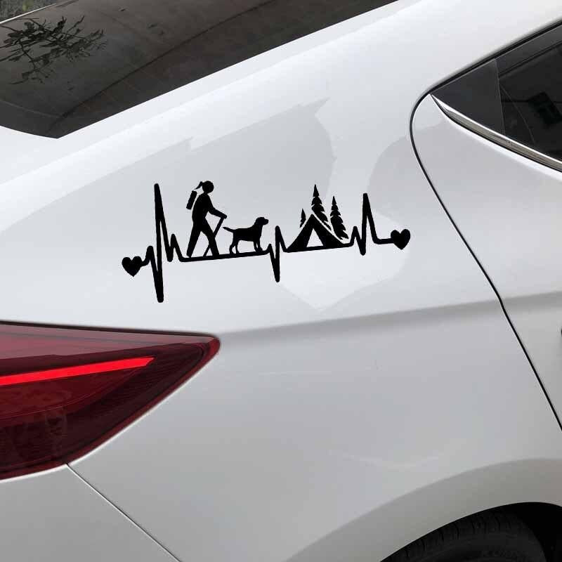18.2X7.5CM Girl Hiker Camping With Dog Camper Tent Heartbeat Lifeline Car Sticker Decal Vinyl Black/Silver C24-1562