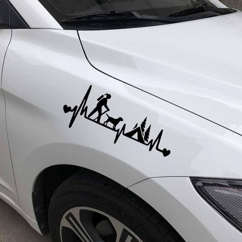18.2X7.5CM Girl Hiker Camping With Dog Camper Tent Heartbeat Lifeline Car Sticker Decal Vinyl Black/Silver C24-1562