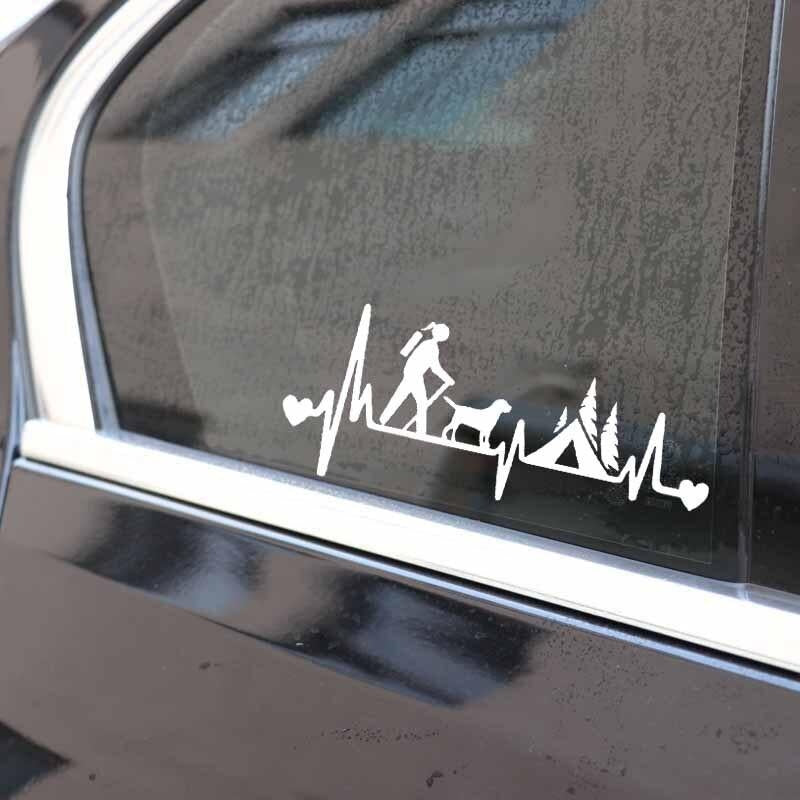18.2X7.5CM Girl Hiker Camping With Dog Camper Tent Heartbeat Lifeline Car Sticker Decal Vinyl Black/Silver C24-1562