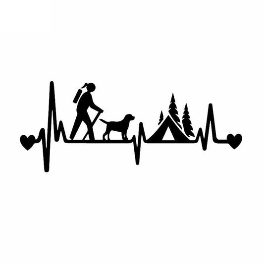 18.2X7.5CM Girl Hiker Camping With Dog Camper Tent Heartbeat Lifeline Car Sticker Decal Vinyl Black/Silver C24-1562