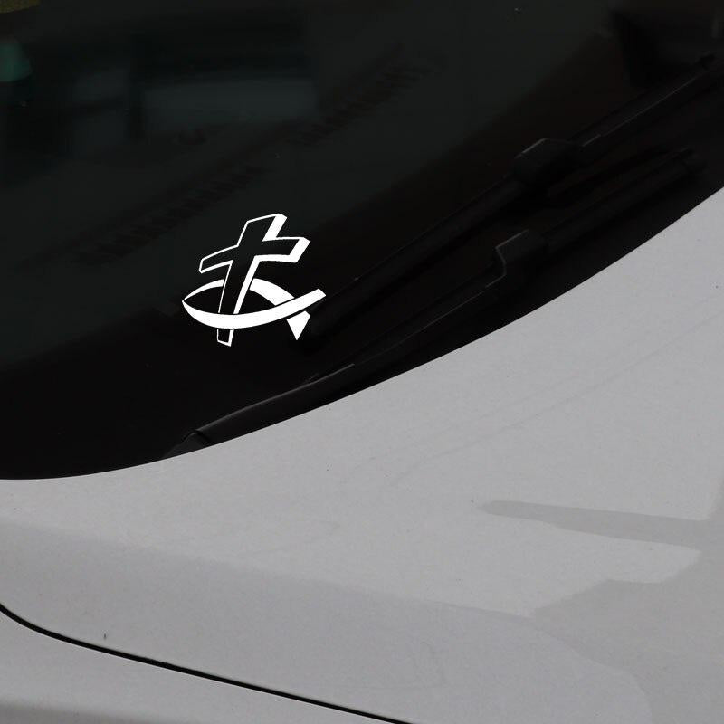 14.2CM*13.1CM Car Sticker Vinyl Decal Christian Fish With Cross Black/Silver C3-1420