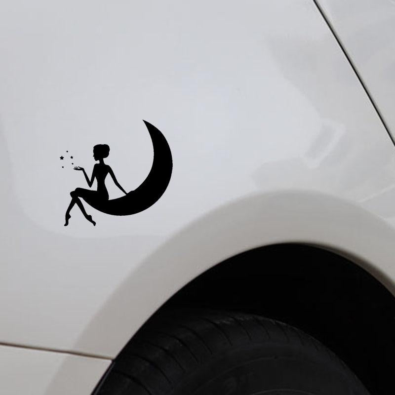 13.4CM*12.6CM Car Stickers Vinyl Decal Lovely Girl On The Moon And Stars Black/Silver C3-0718
