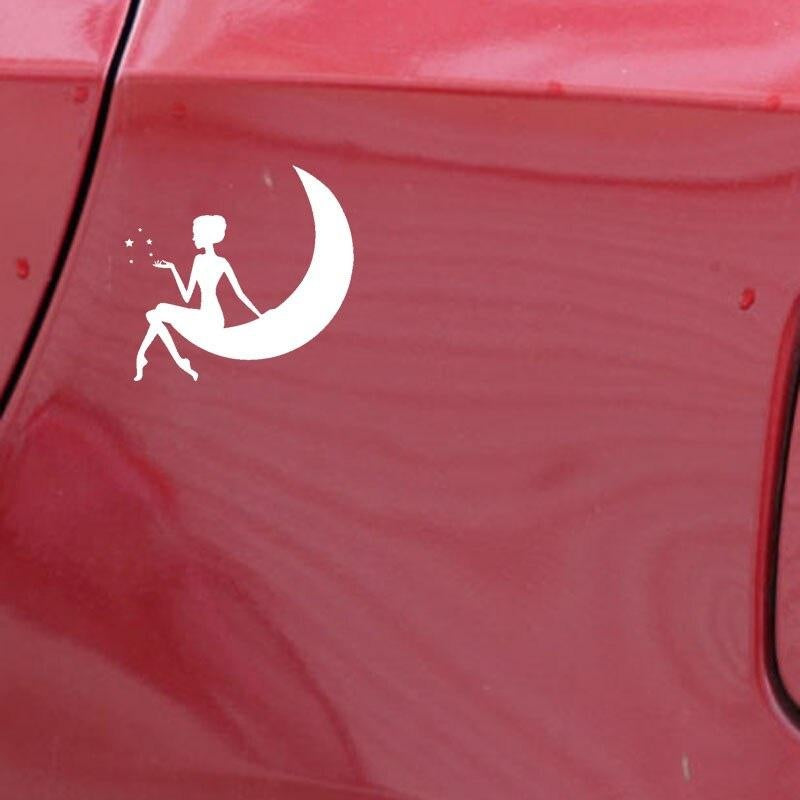13.4CM*12.6CM Car Stickers Vinyl Decal Lovely Girl On The Moon And Stars Black/Silver C3-0718