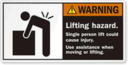 High-quality Warning Safety Label: Lifting Hazard. Single Person Lift Could Cause Injury. Use Assistance When Moving or Lifting